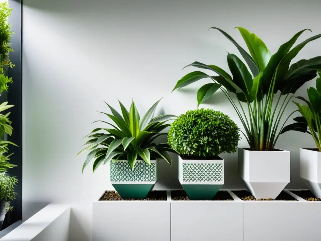 Colección de plantas vibrantes en macetas geométricas, bañadas por luz natural