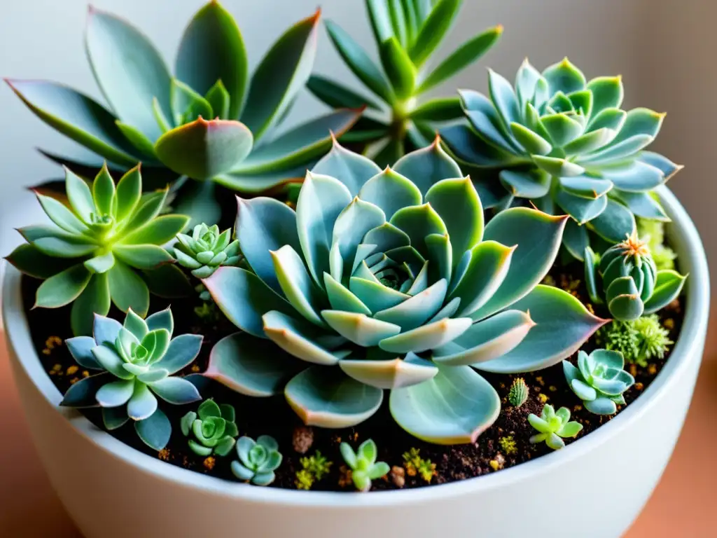 Un jardín de suculentas en un planter blanco, bañado por luz natural