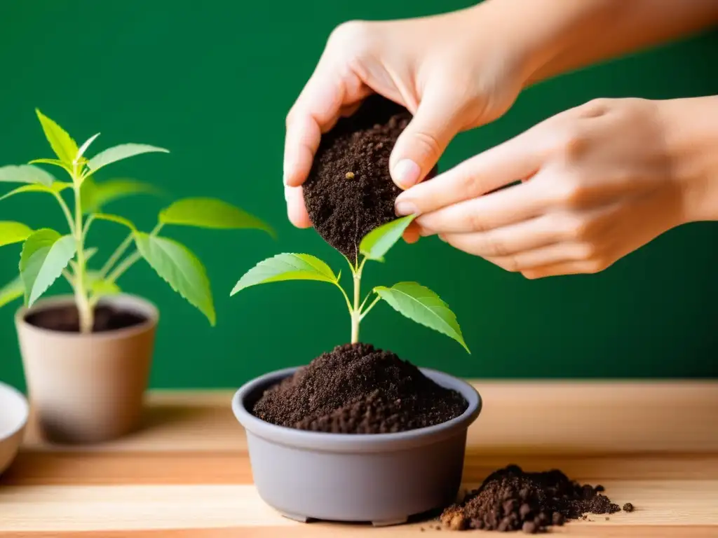 Cuidadosamente plantando una plántula de neem en maceta interior, con tierra rica y detalles ultra claros