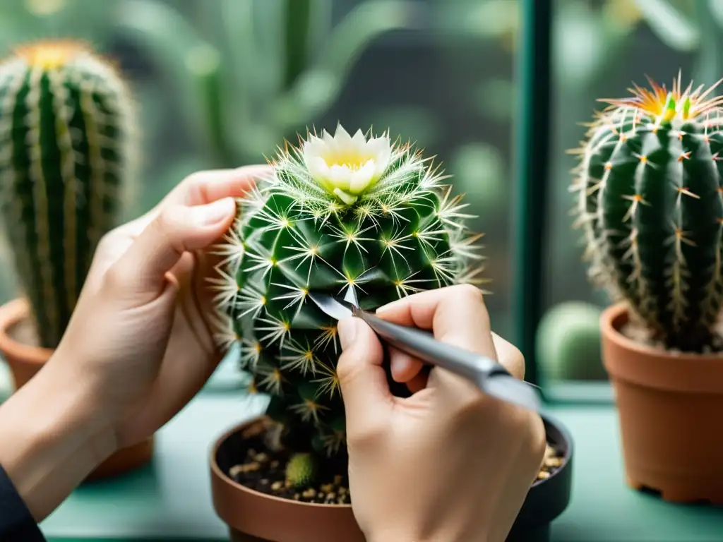 Poda cuidadosa de cactus en interiores, mostrando delicadeza y precisión en un espacio minimalista con luz suave