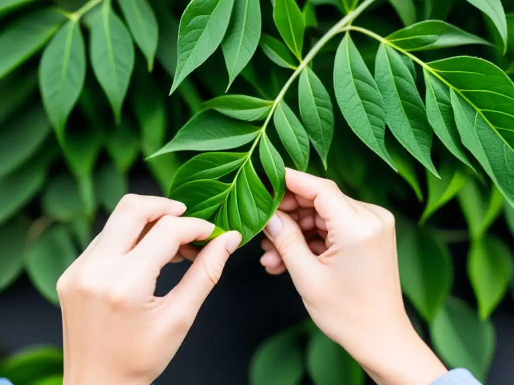 Poda cuidadosa para sanar plantas enfermas: manos recortando delicadamente hojas dañadas de una planta verde vibrante