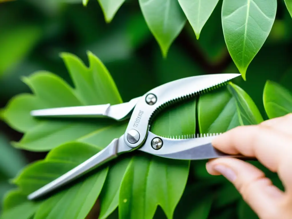 Poda cuidadosa de plantas: precisión al recortar hojas verdes con tijeras de podar limpias y afiladas