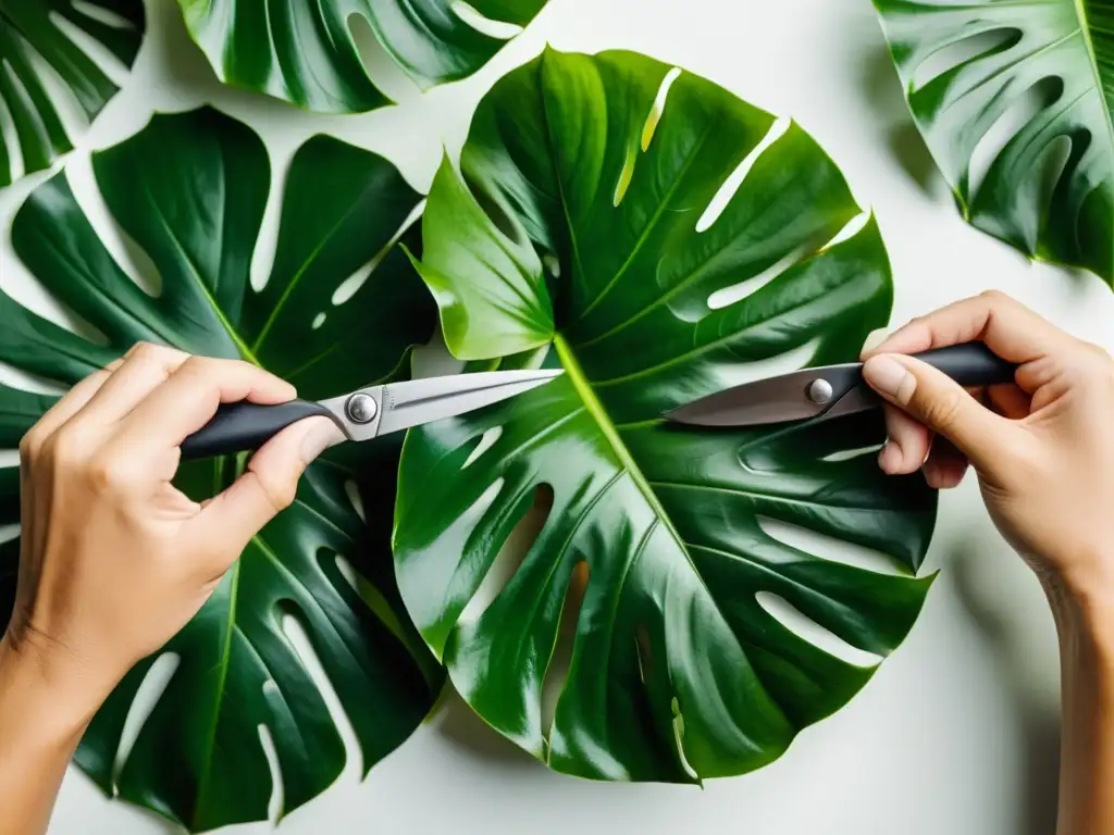 Poda experta para sanar plantas enfermas: manos cuidadosas podando hojas dañadas de Monstera deliciosa