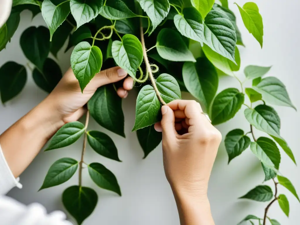 Poda experta de plantas trepadoras en interiores, manos cuidadosas guían y podan una exuberante enredadera verde