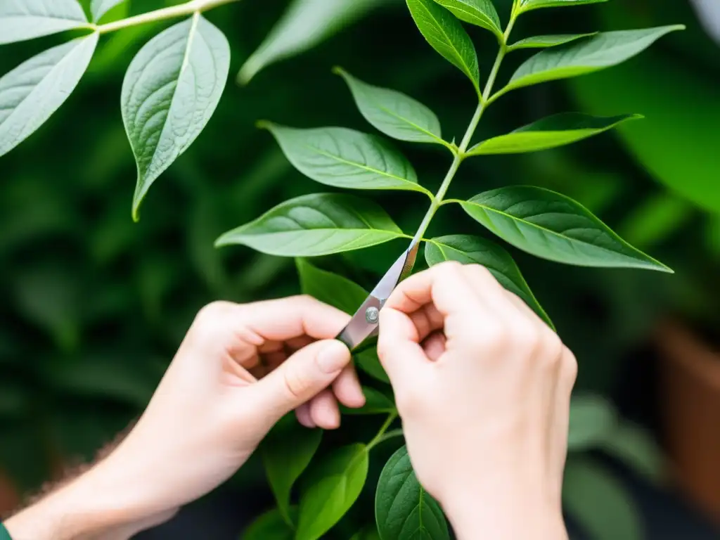 Poda experta de plantas trepadoras en interiores, con manos precisas recortando delicadamente las hojas verdes de la planta