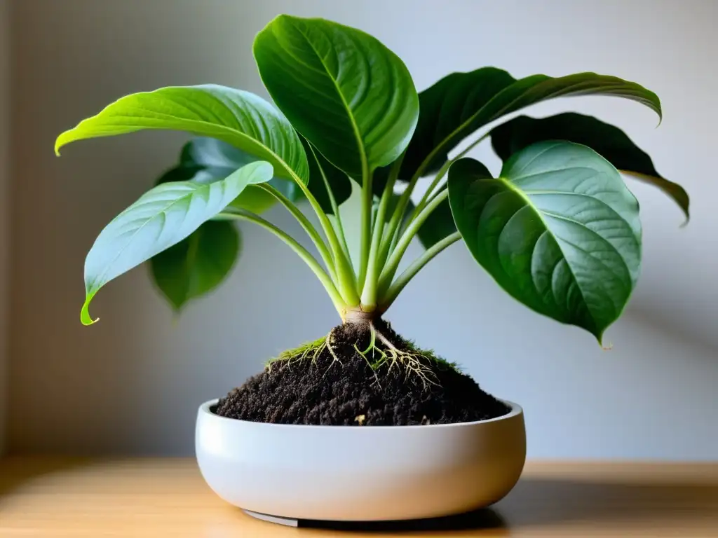 Poda en macetas plantas de interior: Imagen de una exuberante planta de interior en maceta moderna, con raíces visibles en la tierra