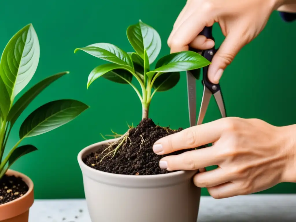 Poda en macetas plantas de interior: Manos cuidadosamente podando las raíces y hojas de una exuberante planta en maceta, con detalle y precisión