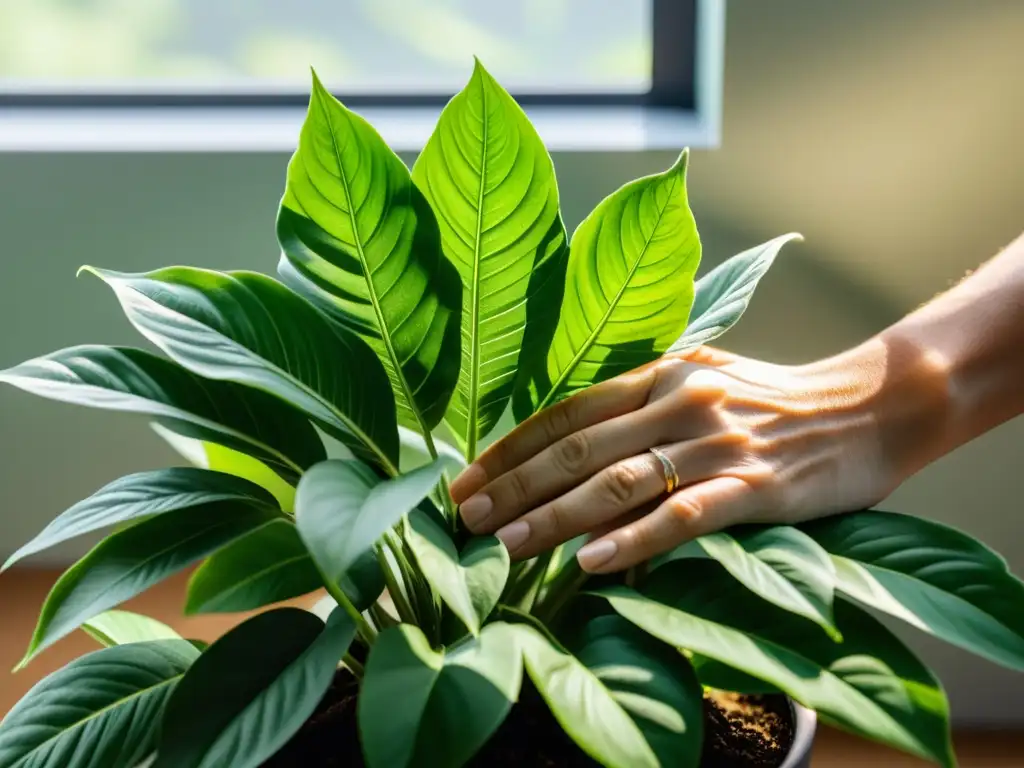 Guía para poda ocasional de plantas: manos podando hojas de planta interior, con luz suave filtrándose por la ventana