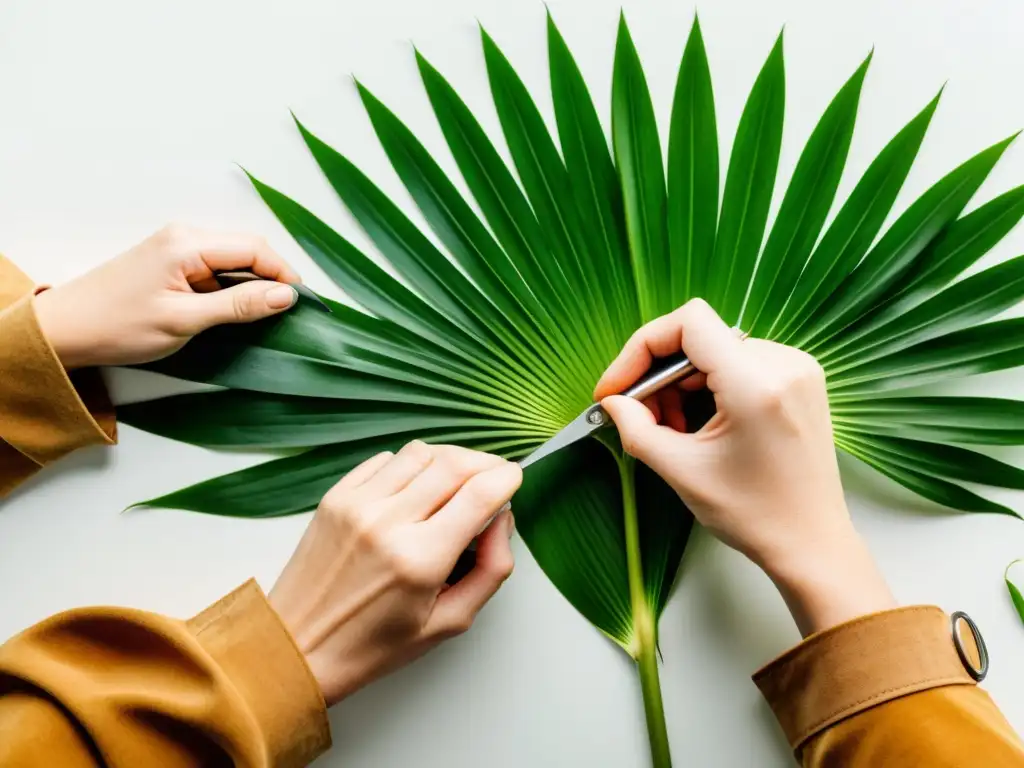 Poda de palmas de interior: Manos cuidadosas podando hojas muertas de una exuberante planta de interior, con tijeras precisas