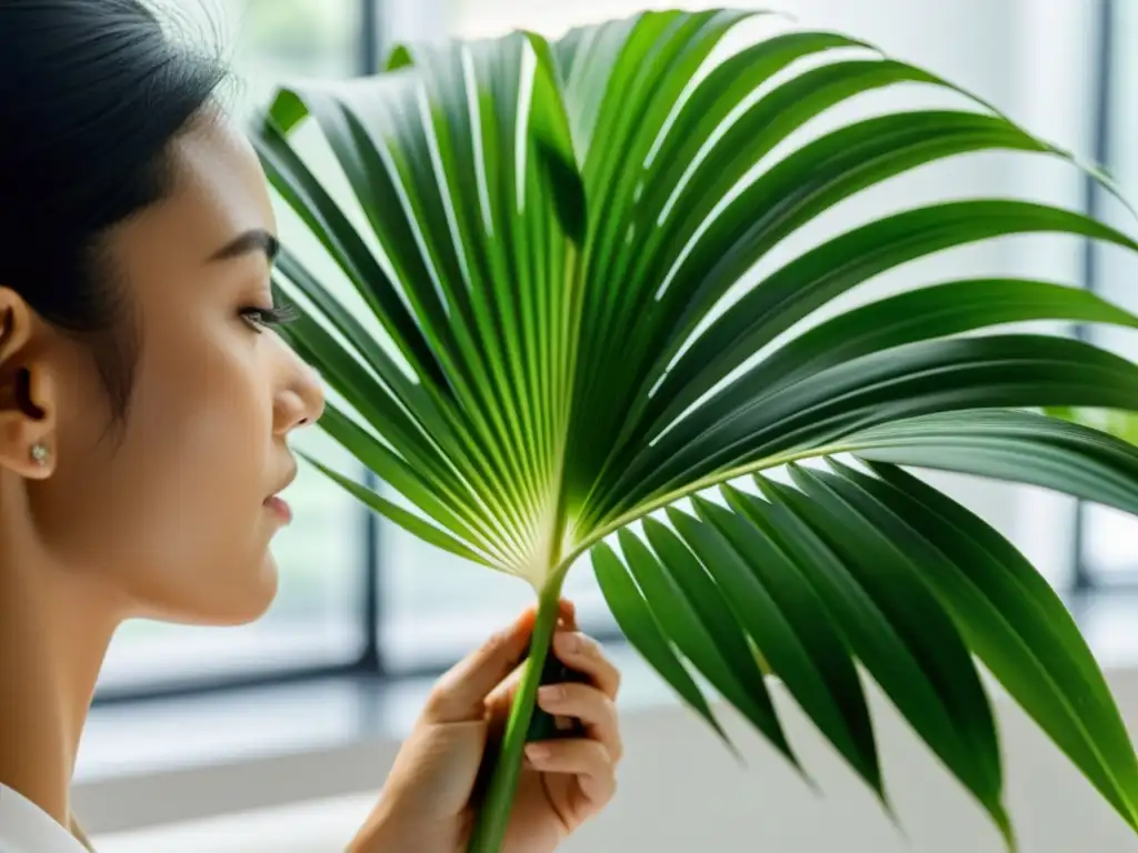 Poda de palmas de interior: Persona recortando cuidadosamente las frondas de una exuberante palmera de interior en un ambiente tranquilo y luminoso