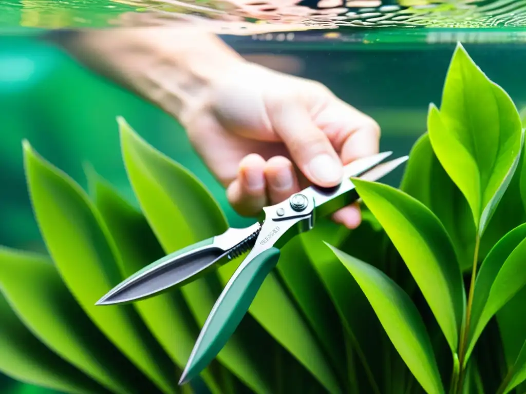 Poda de plantas acuáticas en peceras: mano podando delicadamente hojas verdes en un acuario cristalino, reflejando tranquilidad y precisión