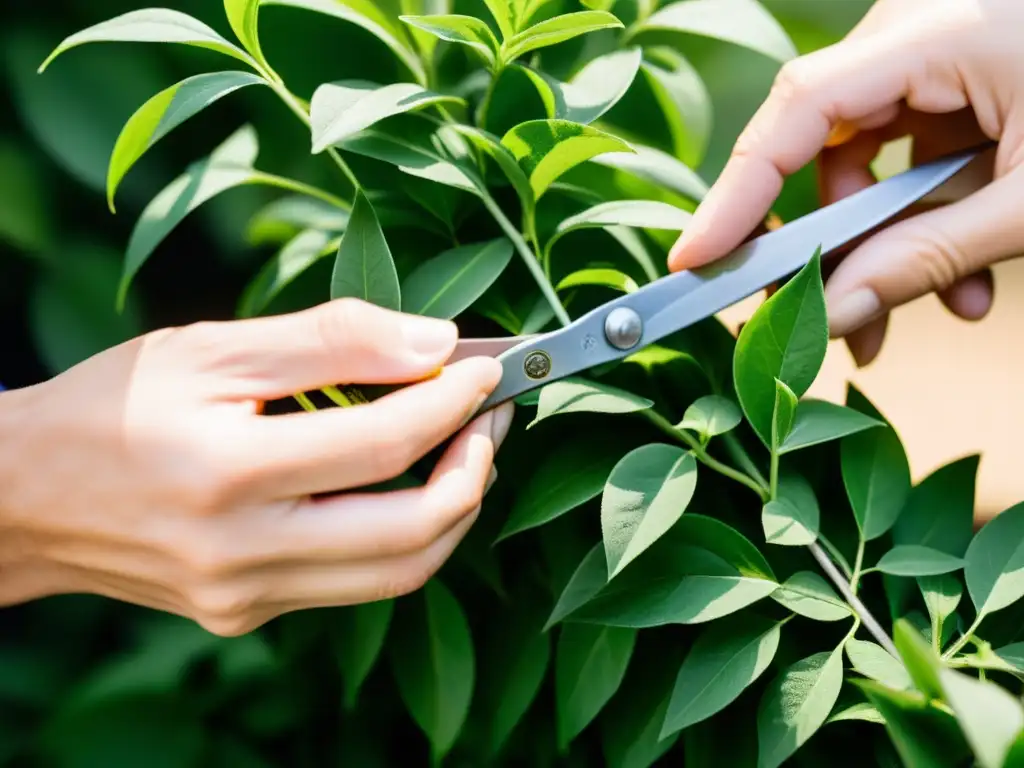 Poda de plantas colgantes: Manos delicadas podando con precisión una exuberante planta colgante, bañadas en suave luz natural