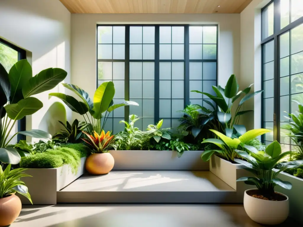 Poda de raíces para plantas de interior: Imagen de jardín interior sereno con plantas exuberantes en modernos maceteros, bañadas por cálida luz solar