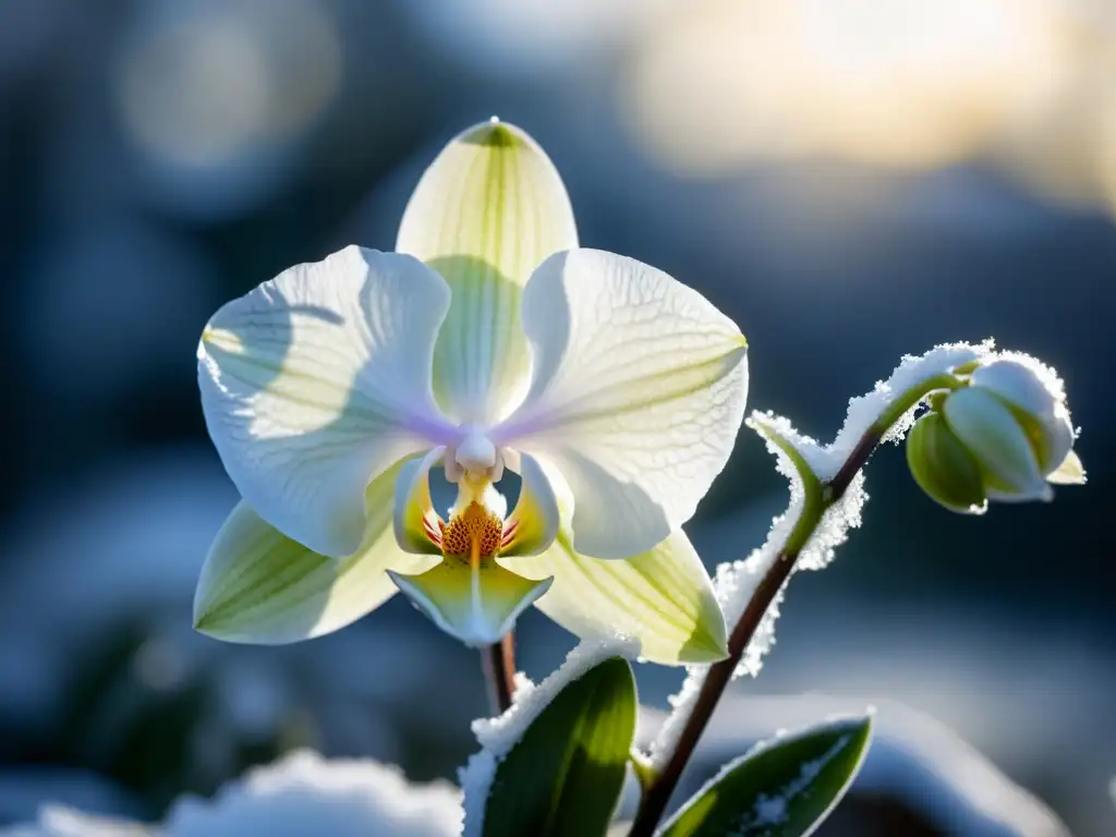 Orquídea polar blanca con cristales de hielo, en ambiente gélido