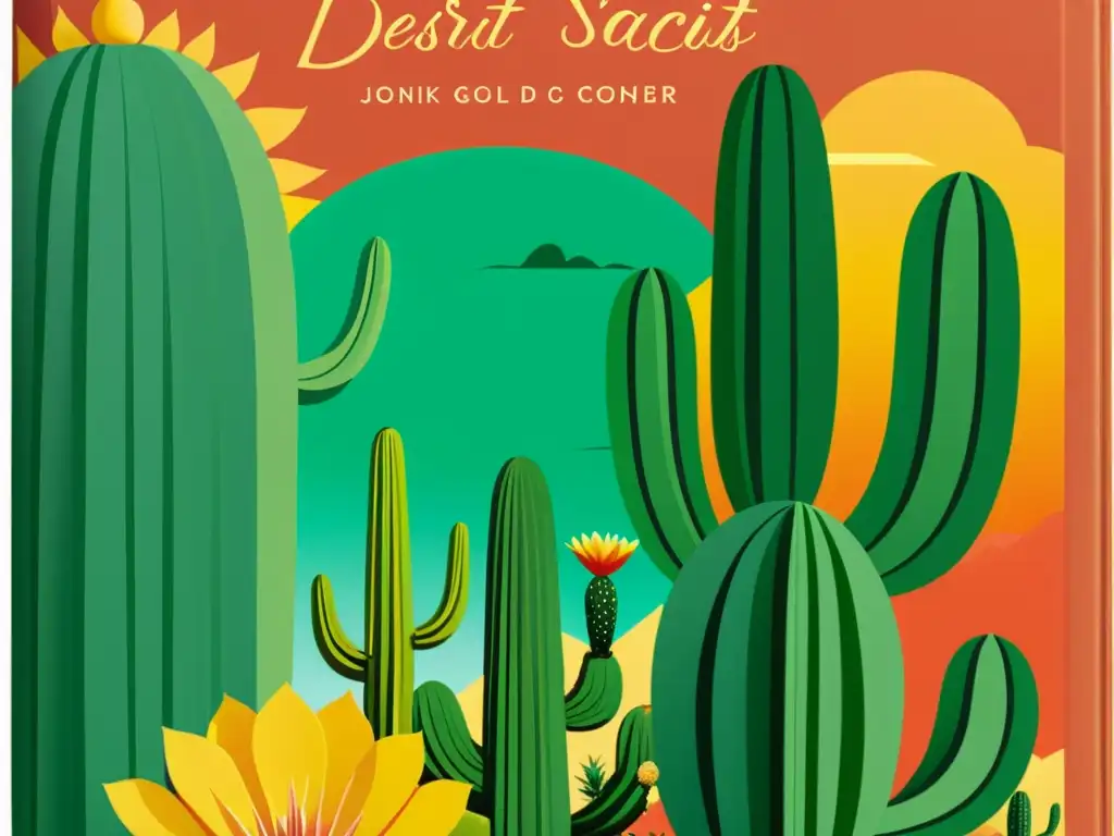 Portada detallada de libro sobre plantas cactáceas y suculentas en un paisaje desértico vibrante, con detalles intrincados y elegante acabado mate