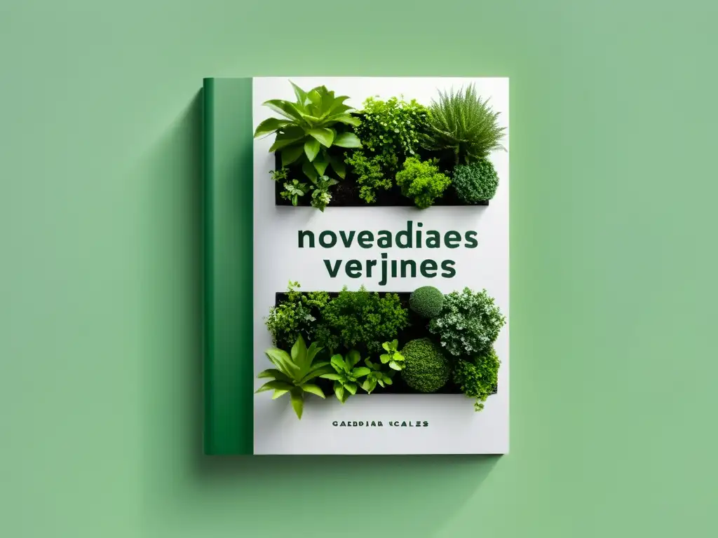 Portada minimalista de libro con jardín vertical exuberante, letras elegantes