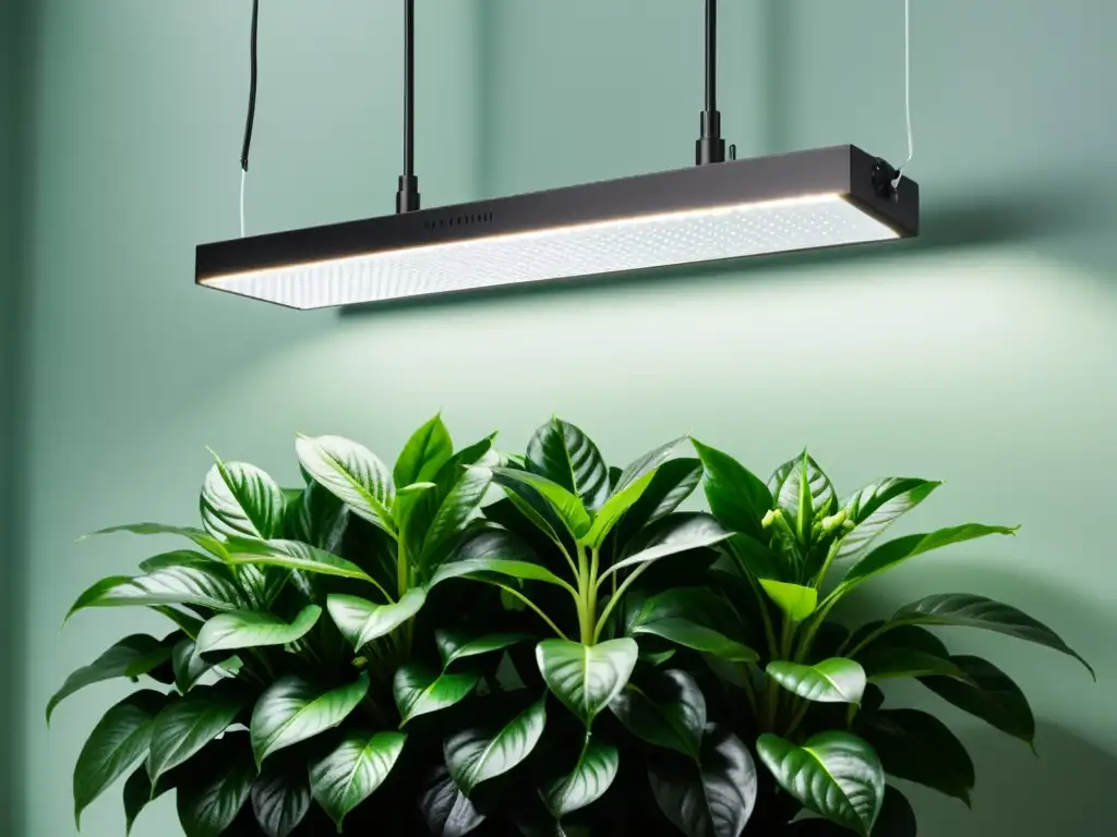 Posicionamiento óptimo de luces artificiales para el crecimiento de plantas: moderna luz LED sobre exuberante planta verde en contraste visual