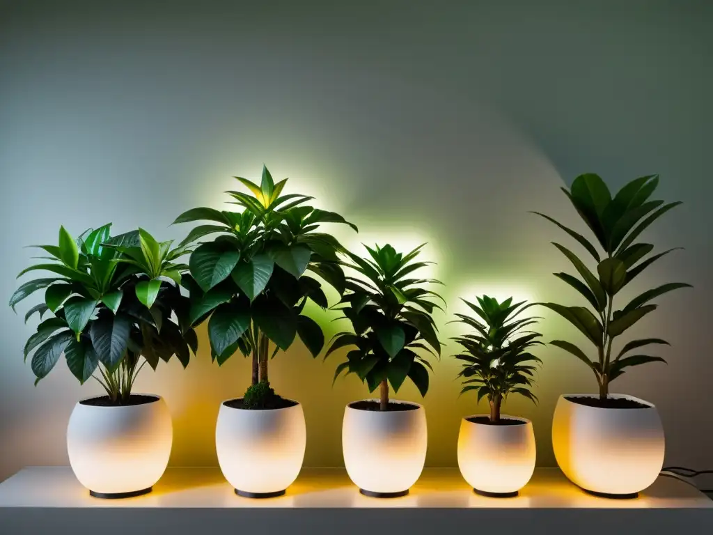 Posicionamiento óptimo luces artificiales plantas: Elegante configuración de plantas en interiores, iluminadas estratégicamente con luces cálidas