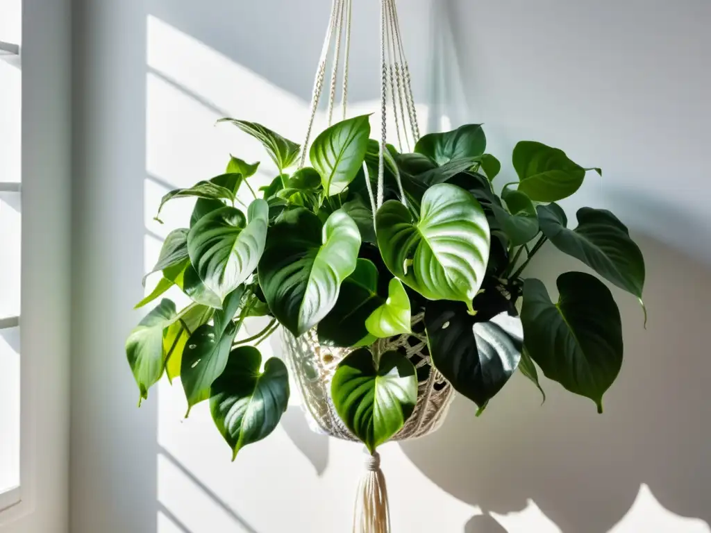 Un pothos exuberante cuelga de un macramé blanco ante una pared limpia