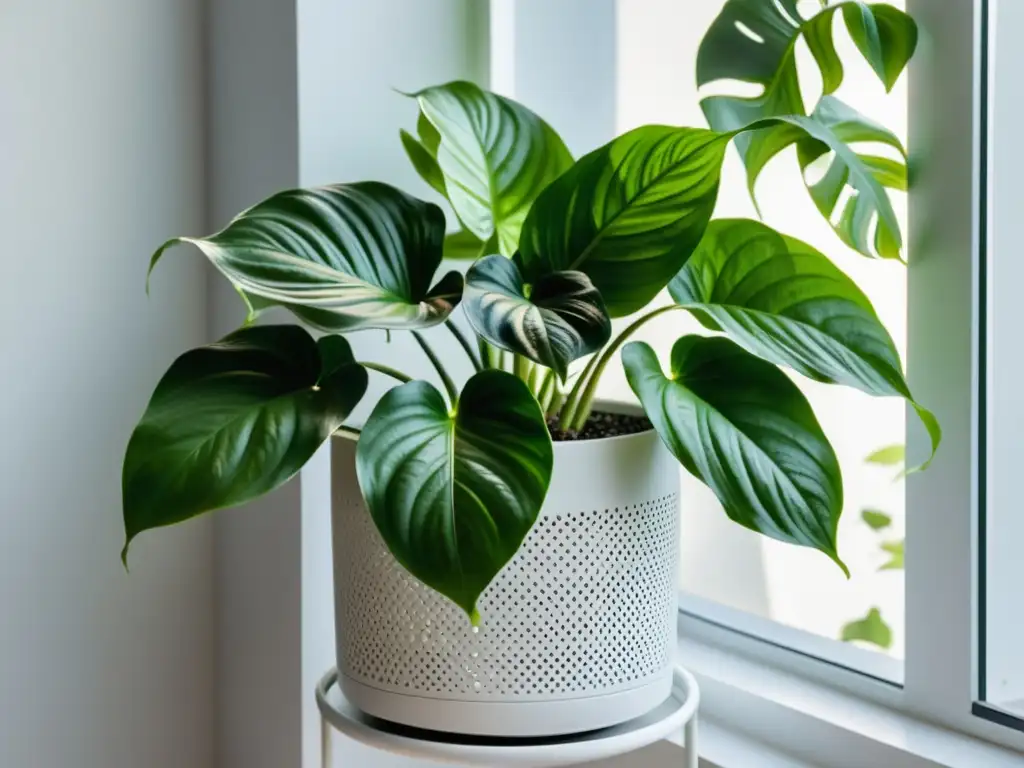 Pothos en soporte blanco: Elegancia natural en casa Un pothos exuberante y vibrante en un elegante soporte blanco, iluminado por suave luz natural