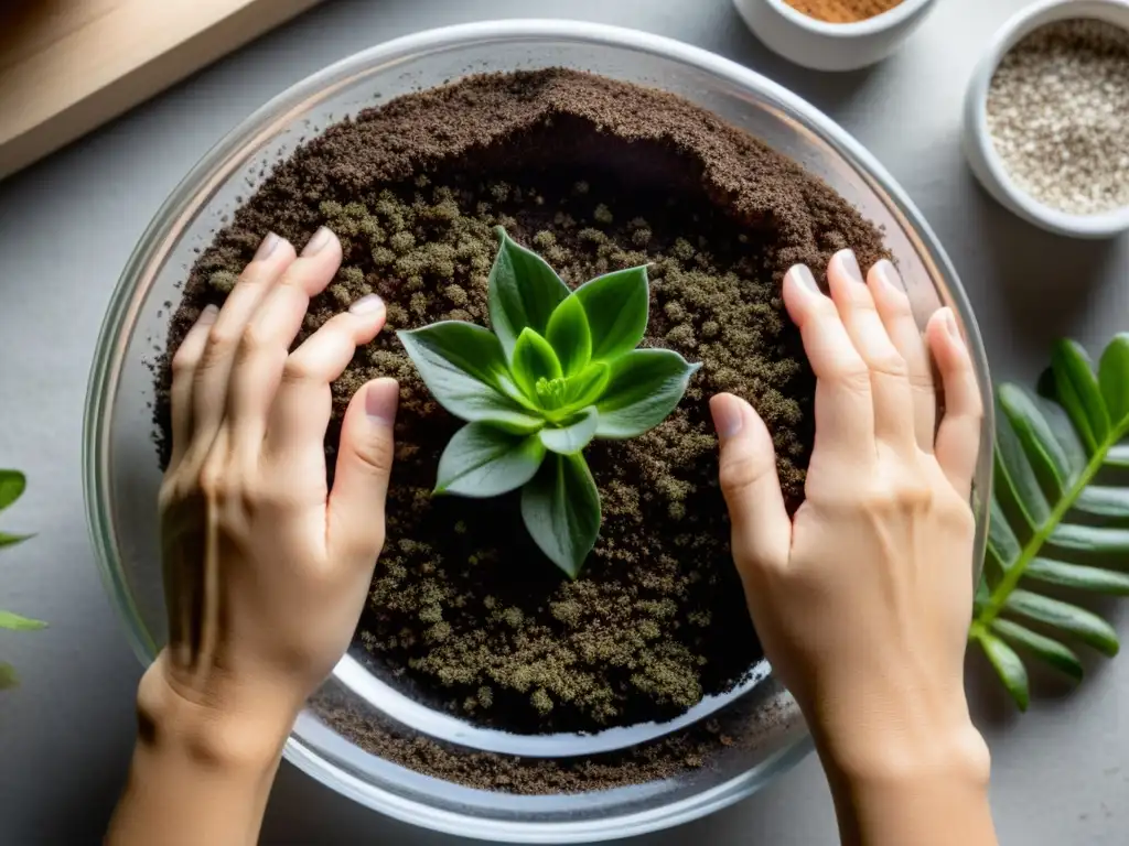 Con precisión, unas manos mezclan sustrato para plantas carnívoras en un cuenco transparente, mostrando su textura rica y terrosa