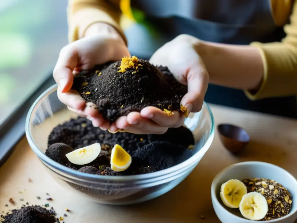 Preparación de fertilizantes orgánicos caseros para plantas de interior: mezcla de ingredientes naturales en un tazón transparente