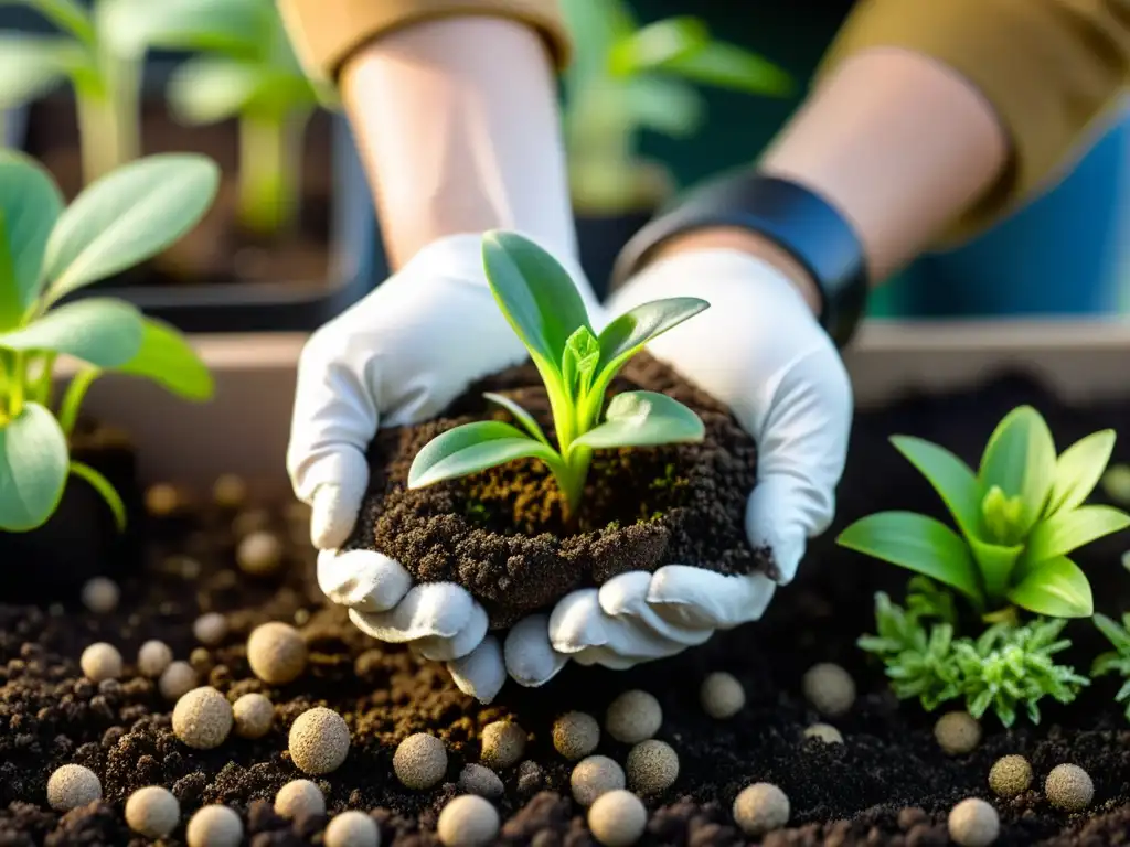 Preparación del sustrato para plantas carnívoras: mano mezclando cuidadosamente turba, perlita y arena en un recipiente transparente