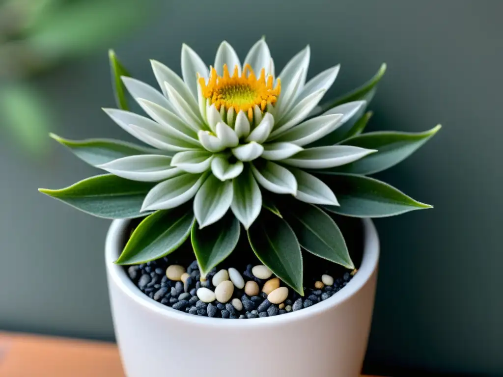 'Un primer plano detallado de un cultivo de Edelweiss en interiores, en una elegante maceta blanca