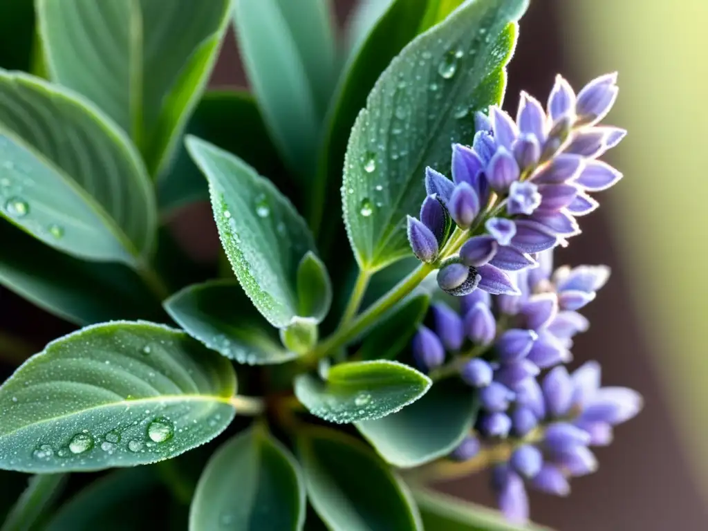 Un primer plano detallado de hojas verdes vibrantes y delicadas flores moradas de una planta de lavanda