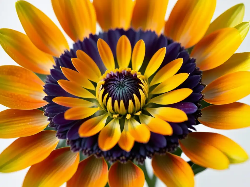 Un primer plano detallado de una vibrante flor de caléndula naranja, con pétalos delicados y un centro dorado, en un fondo blanco limpio