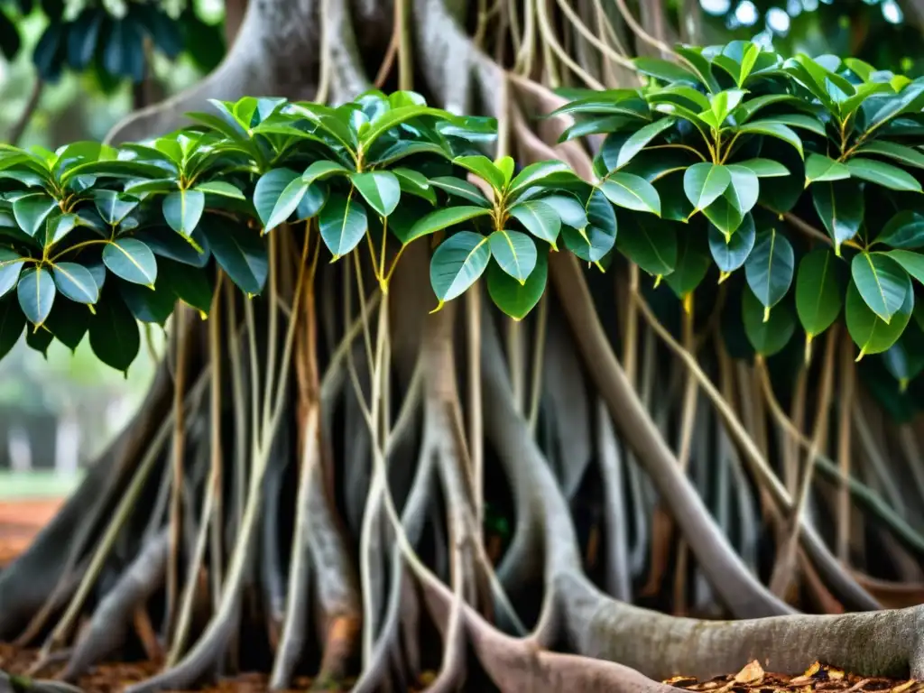 Un primer plano de alta resolución de una rama madura de Ficus con un enfoque claro en las raíces aéreas, mostrando su belleza natural