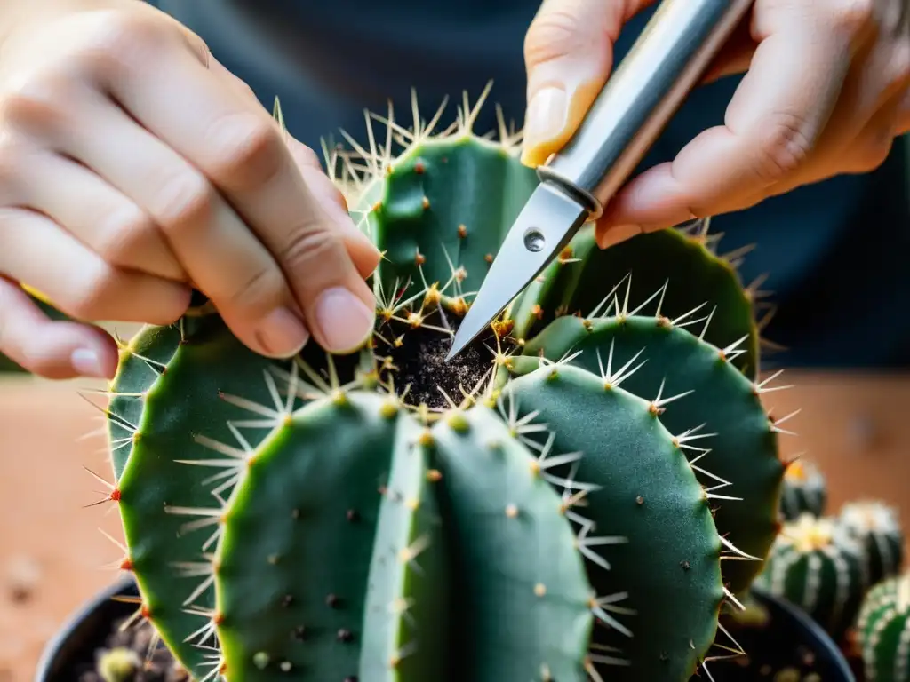 Proceso de injertos de cactus para coleccionistas: expertas manos realizan la delicada unión de especies en un entorno minimalista iluminado