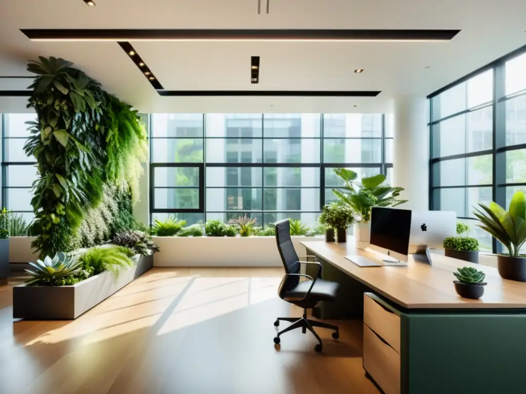 Aumentar productividad con plantas: Oficina moderna llena de plantas verdes, luz natural y muebles minimalistas en tonos neutros