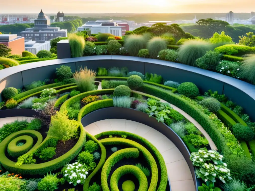 Protocolos trabajo azoteas verdes: Jardín verde exuberante en azotea, integrando naturaleza y arquitectura urbana en armonía