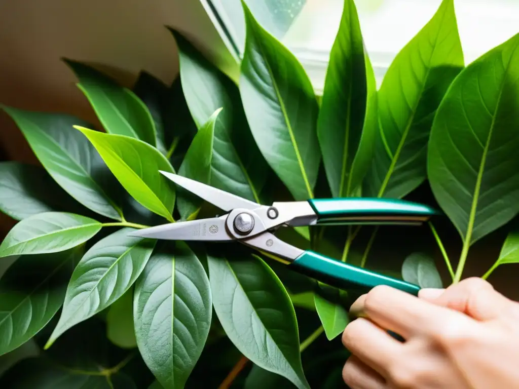 Pruner cuidadosamente podando hojas de planta interior