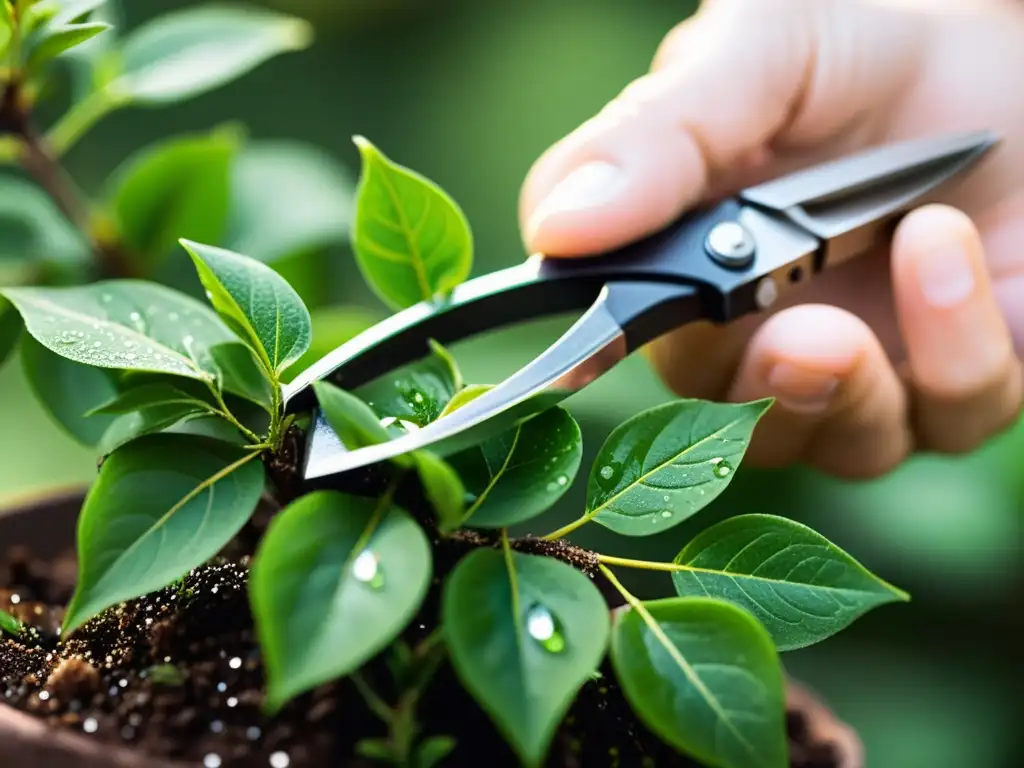 Pruning shears cuidadosamente recortando las hojas de un bonsái, con gotas de agua brillando al sol