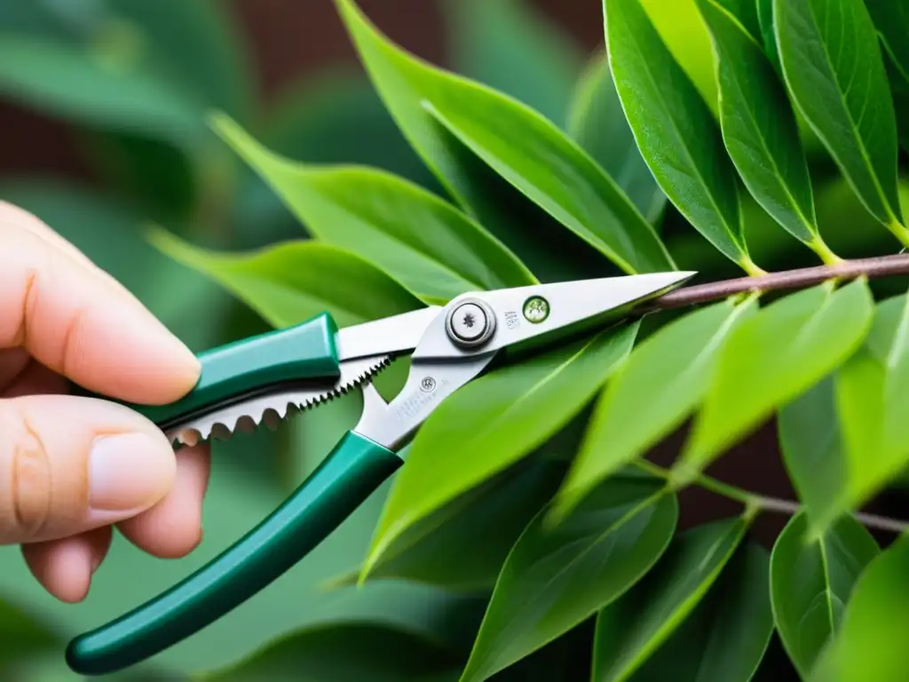 Pruning shears cortando hojas verdes de planta de interior, para prevención de plagas