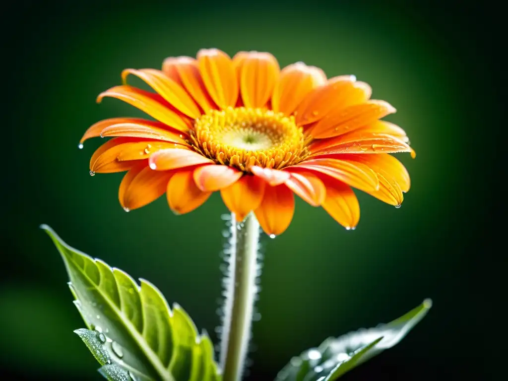 Una radiante gerbera naranja con gotas de agua, iluminada por el sol