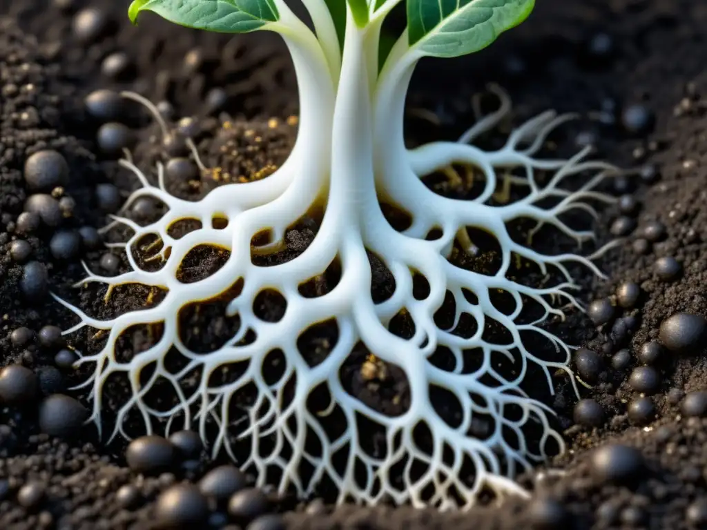 Raíces blancas de plantas en tierra oscura, en maceta blanca moderna