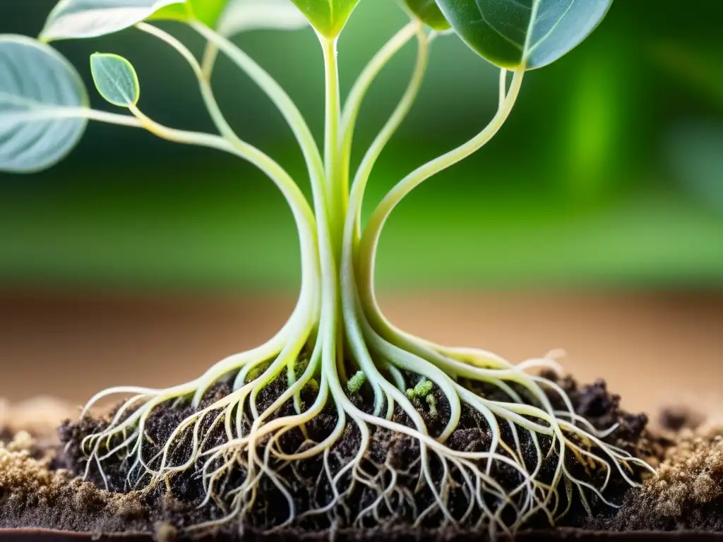 Las raíces de una exuberante planta de interior se entrelazan con el suelo, absorbiendo agua y nutrientes