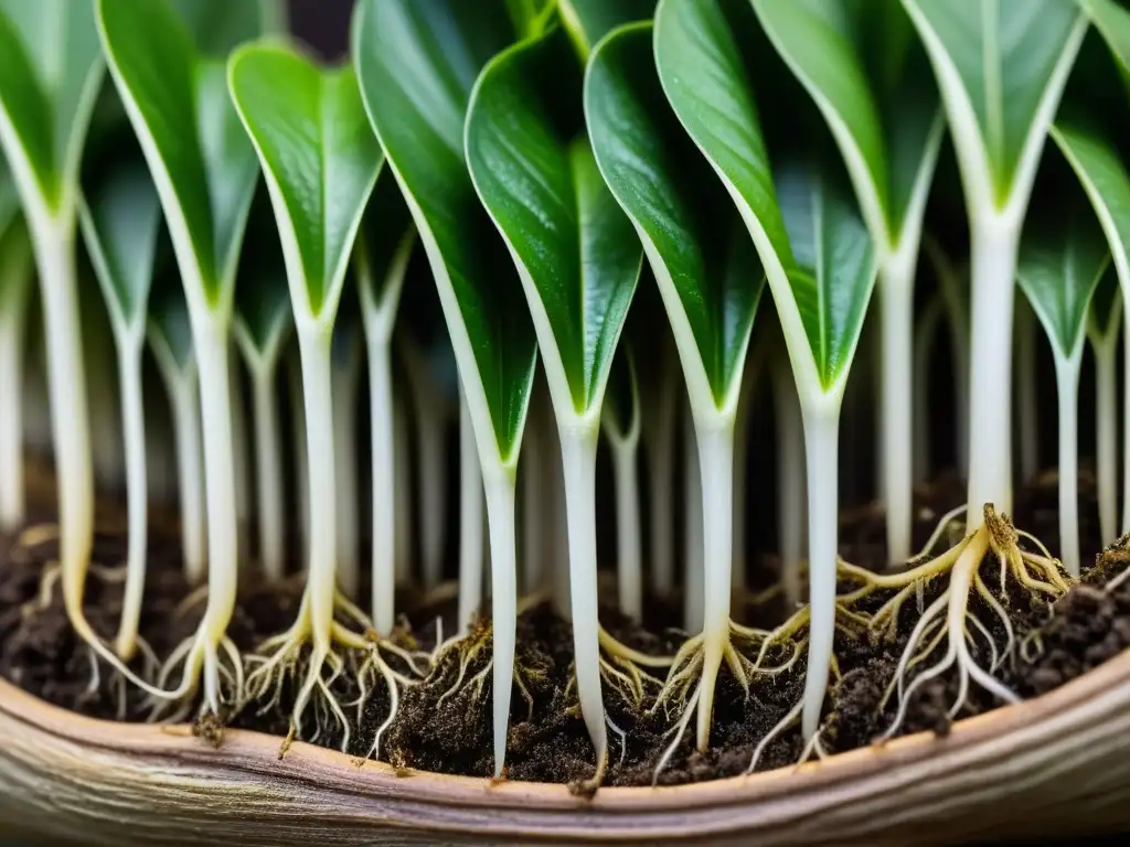 Las raíces de una planta de interior, bellas y delicadas, se entrelazan con el suelo en una imagen de asombrosa claridad