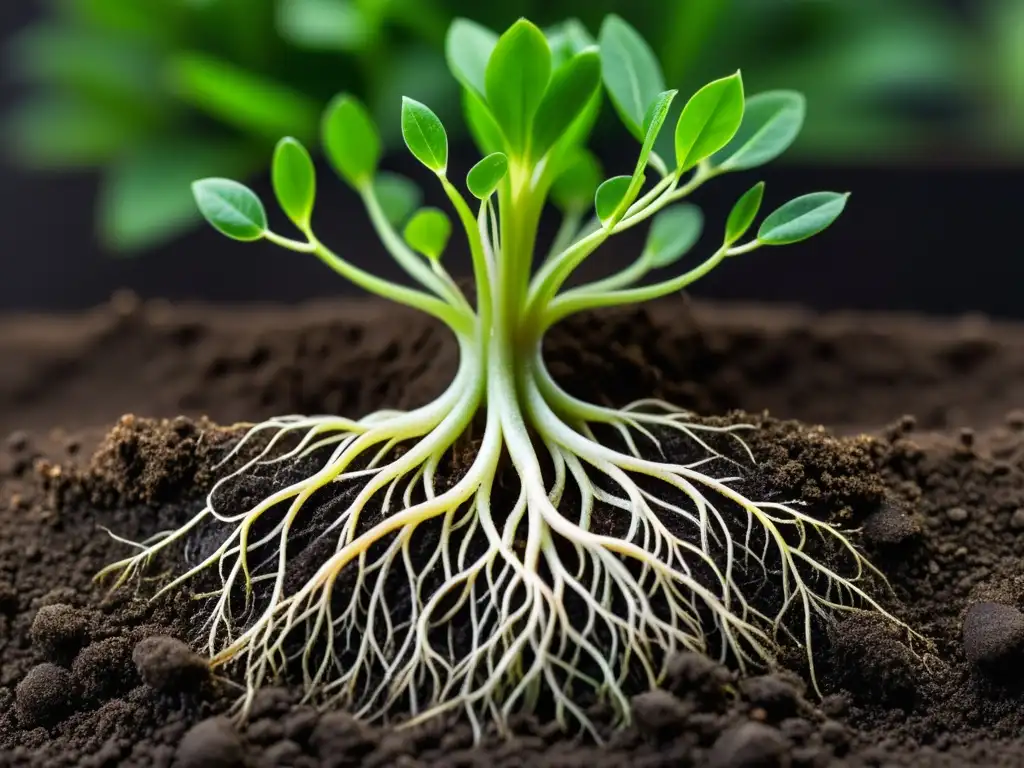 Raíces de planta interior exuberantes y fuertes se entrelazan en tierra oscura, mostrando su adaptabilidad y fortaleza