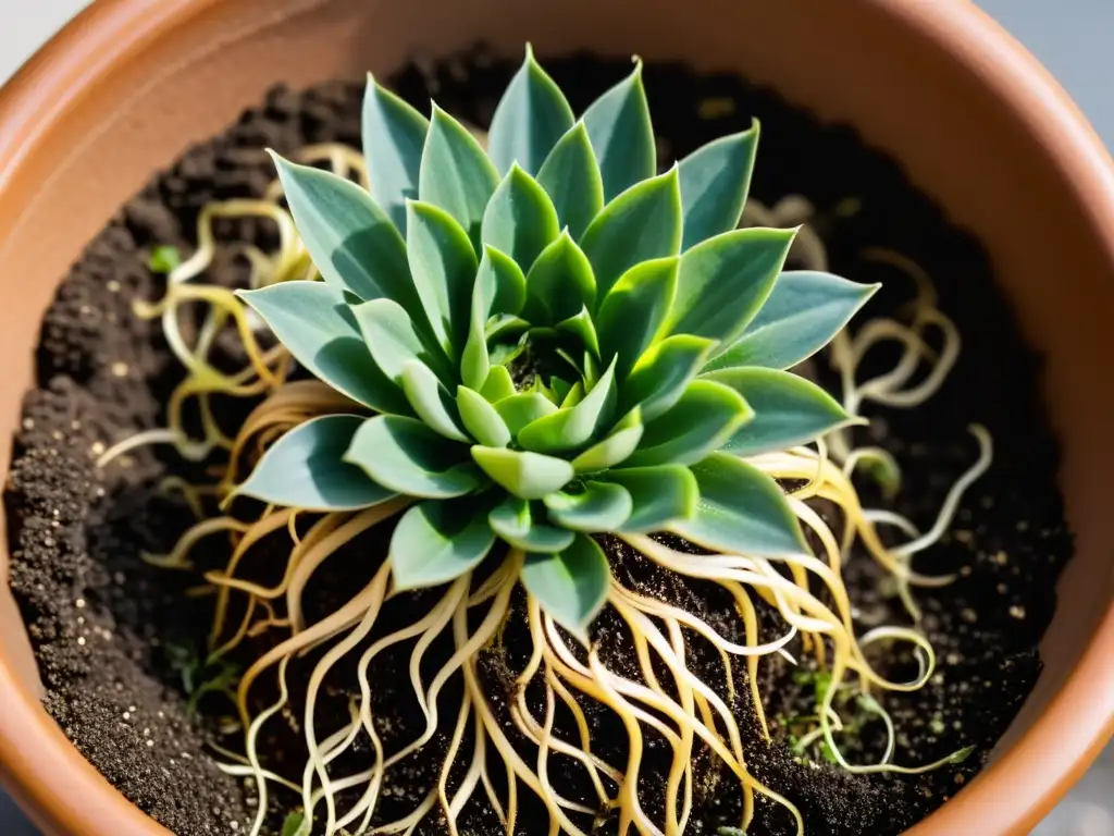 Raíces de planta en maceta pequeña, mostrando su crecimiento y manejo en un espacio limitado