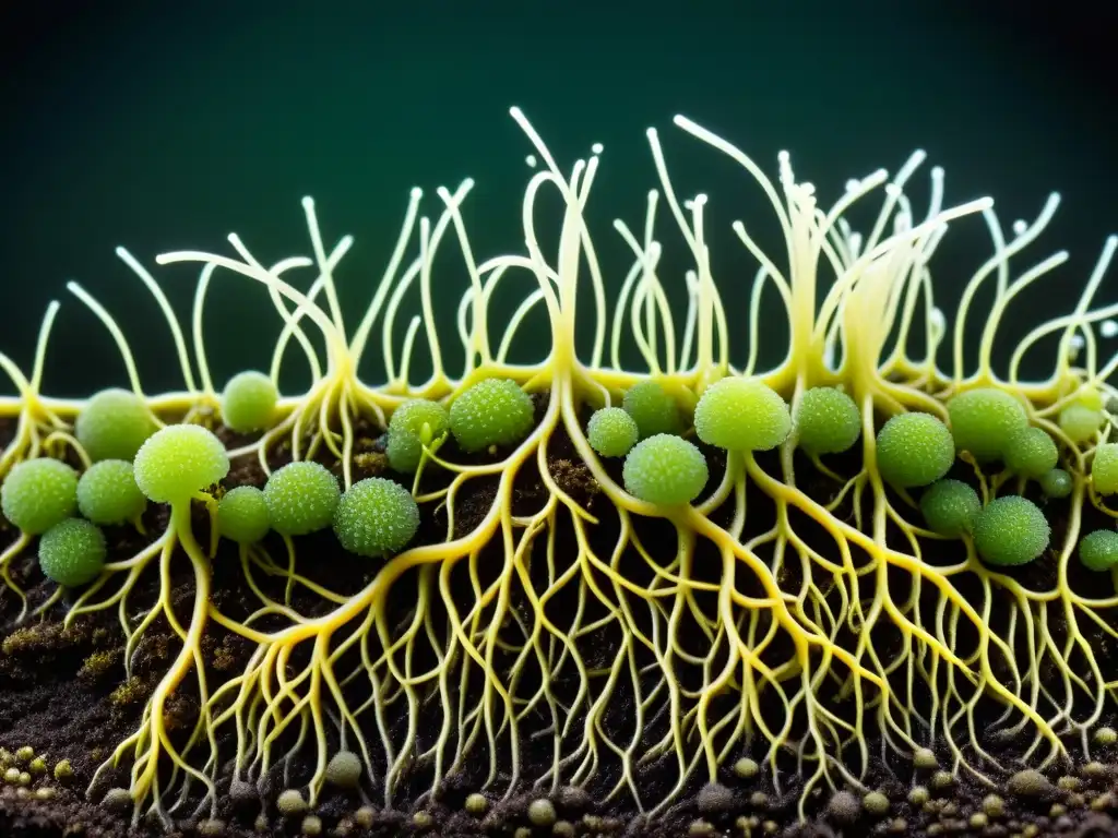 Raíces de planta saludable rodeadas por microorganismos beneficiosos en suelo oscuro, destacando la simbiosis natural entre ellos