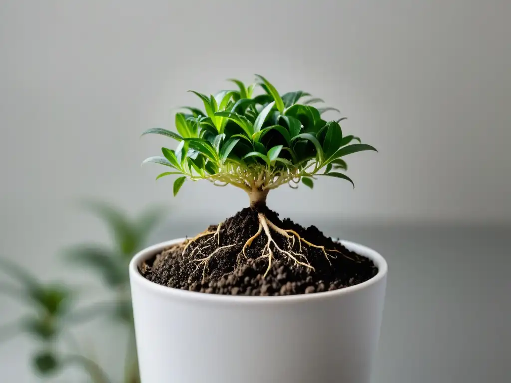 Raíces de planta sanas y vibrantes en suelo bien aireado en maceta blanca, destacando la importancia de la aireación para las plantas