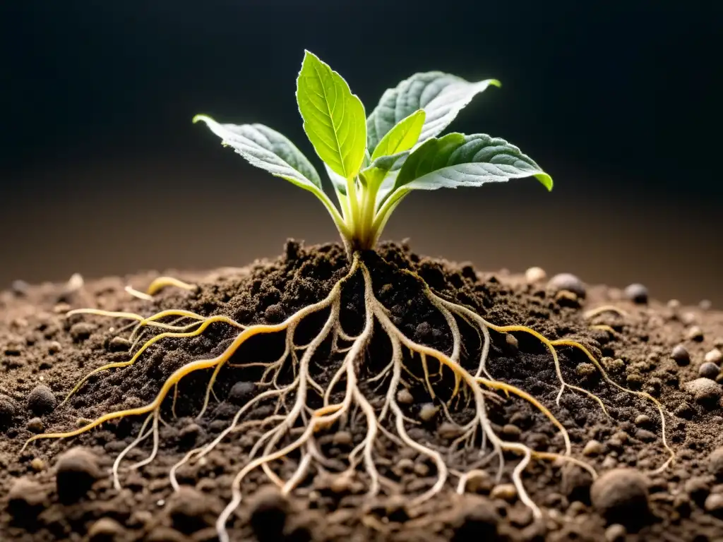 Raíces de planta en suelo encharcado, mostrando daños por exceso de riego