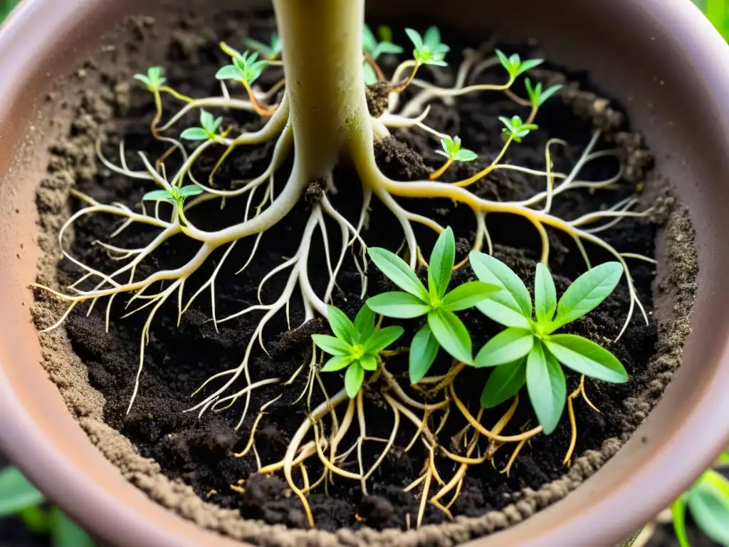 Raíces de plantas entrelazadas en una maceta compartida, mostrando la belleza y armonía de la naturaleza