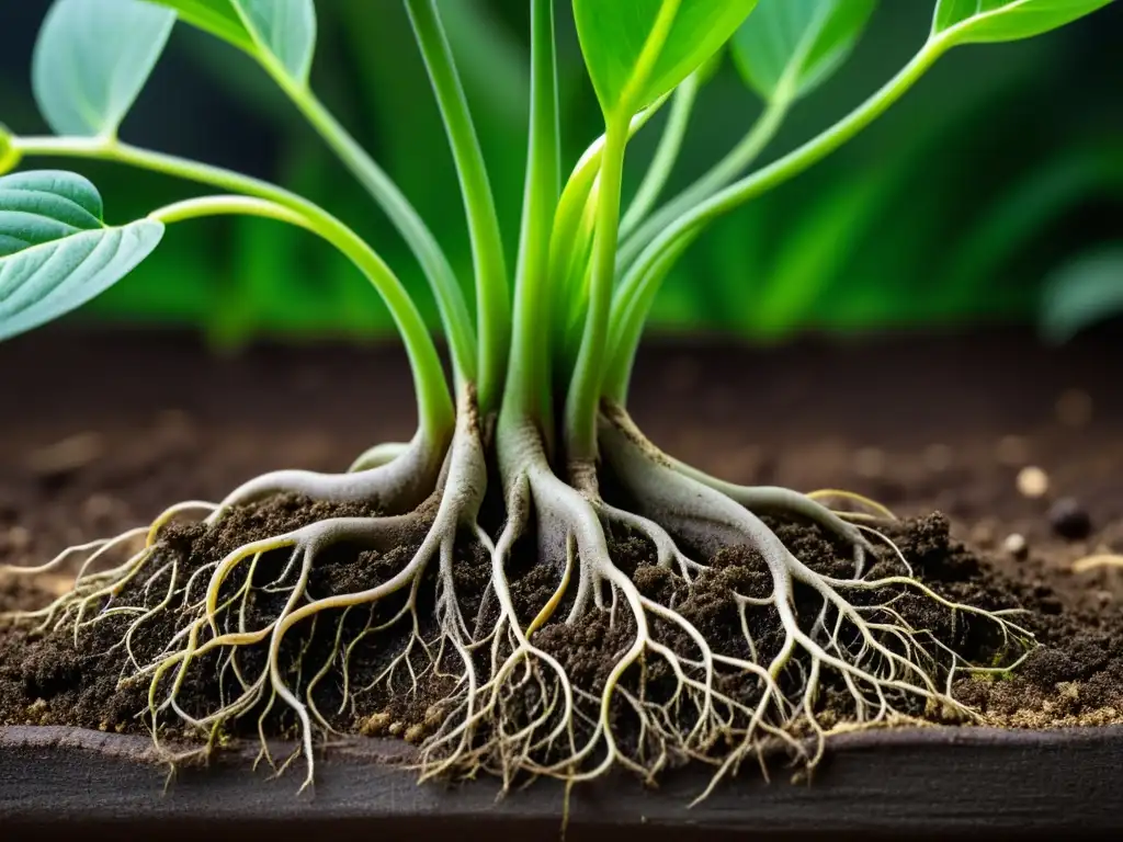 Fotografiando raíces de plantas de interior: Detalle de raíces entrelazadas de una planta de interior en suelo oscuro y verde vibrante