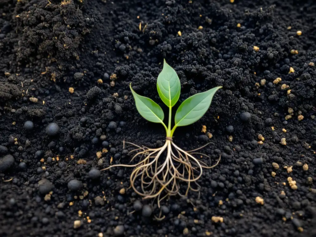 Raíces de plantas sanas se entrelazan con biochar en suelo fértil, mostrando el impacto del biochar en plantas