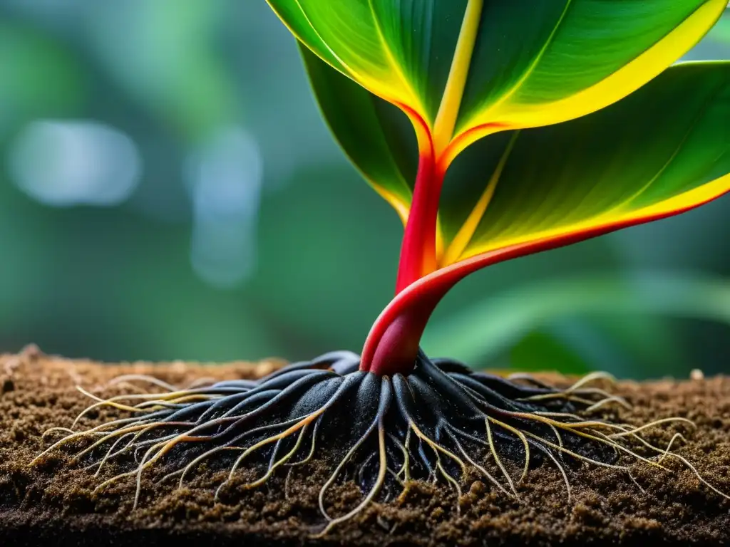 Raíces saludables de heliconia en maceta transparente, resaltando la importancia de la fertilización para plantas de interior